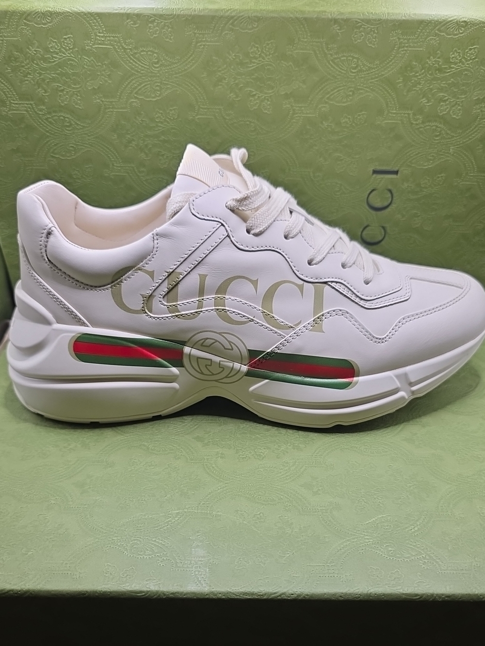 Gucci White Leather Sneaker with Red & Green Stripe Logo